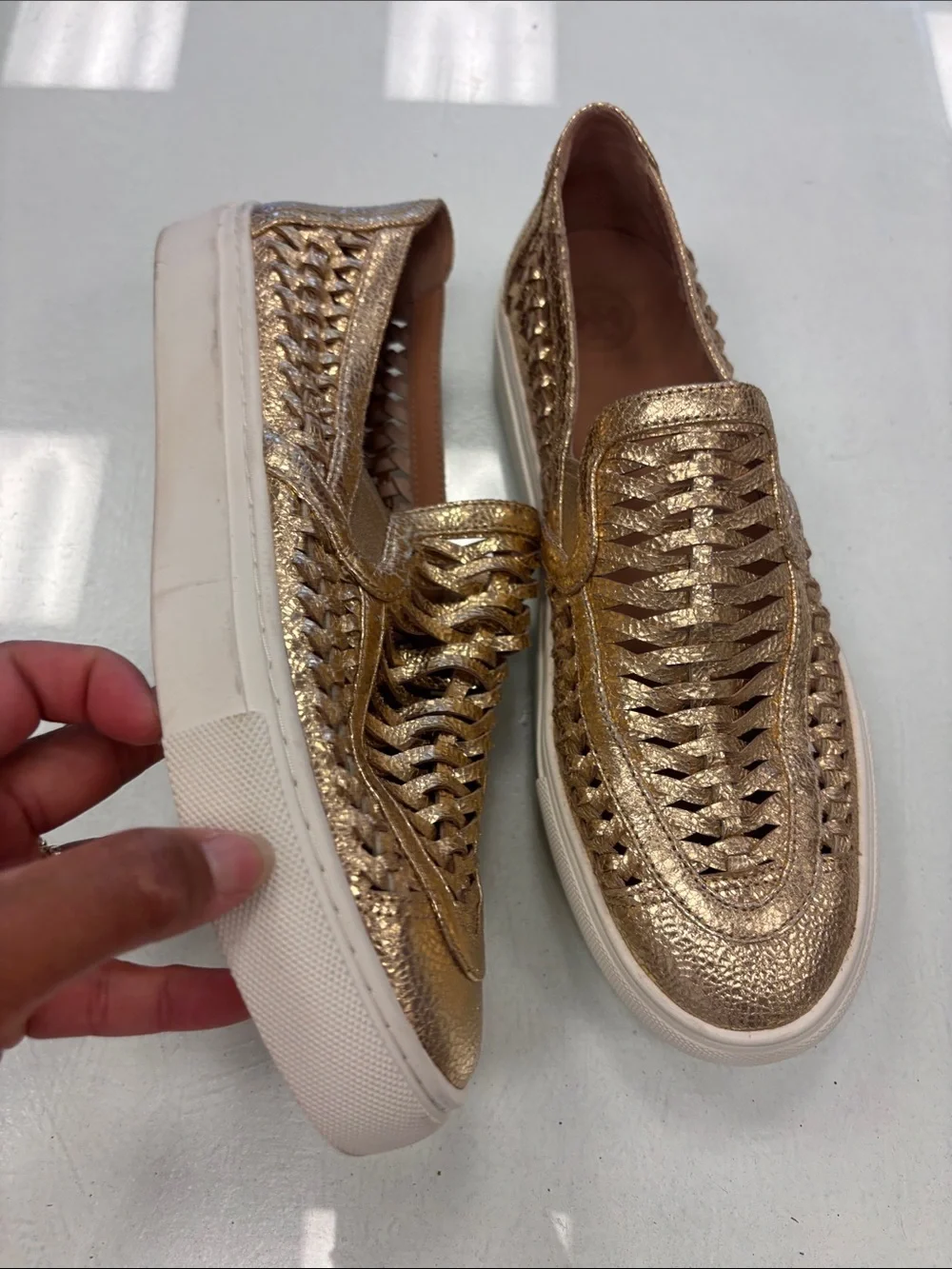Tory Burch Huarache Gold Woven Slip-On Sneakers